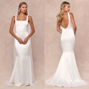 NWOT Lulus Luxe Loveliness White‎ Satin Backless Mermaid Maxi Dress